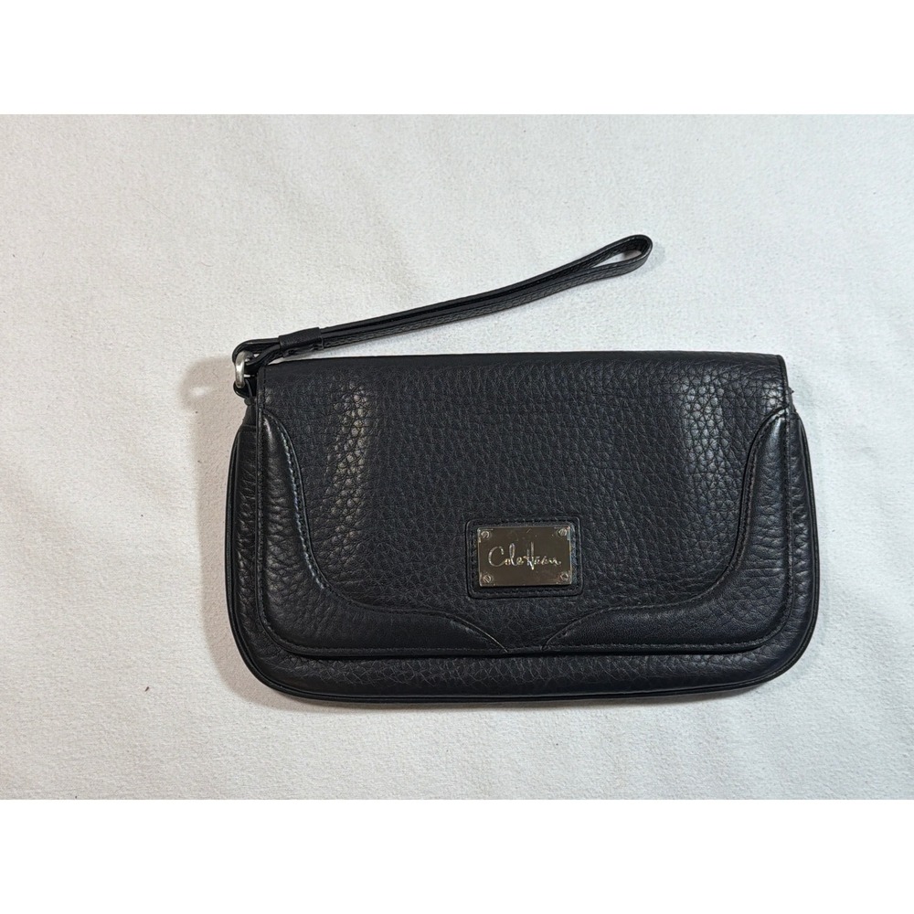 Cole Haan Black Pebbled Leather Wristlet Clutch with Interior Mirror and Slots